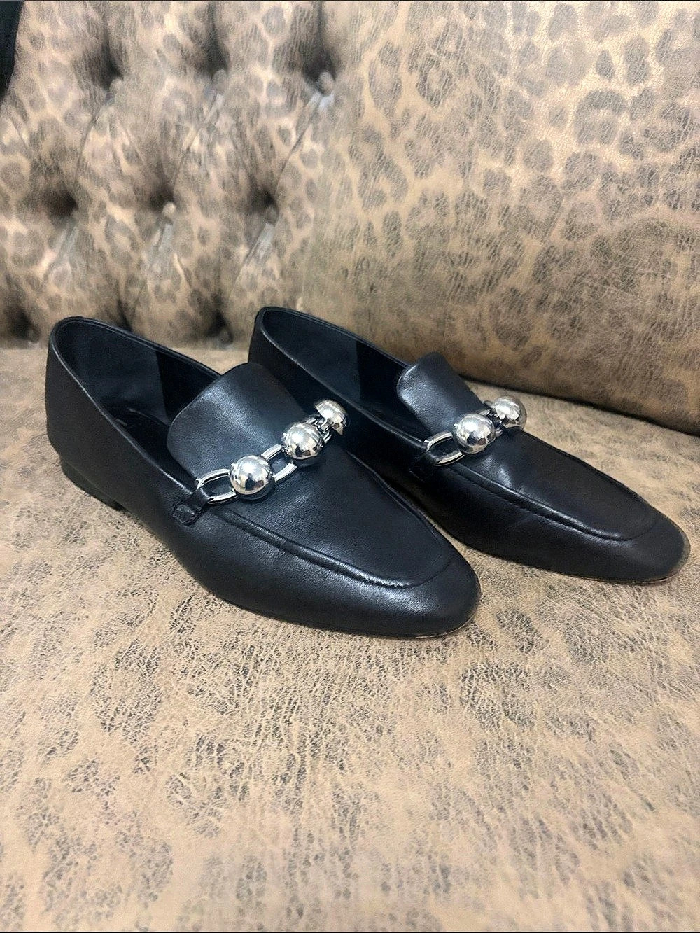 Marc Fisher Black Loafers Silver-Tone Hardware Like New